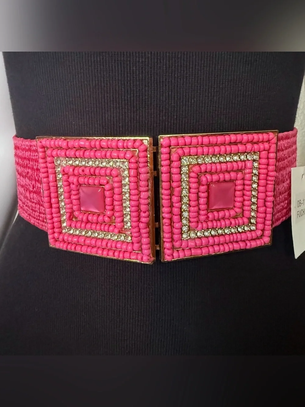 Fuchsia paper waistband stretchy belt with square buckle and rhinestone details